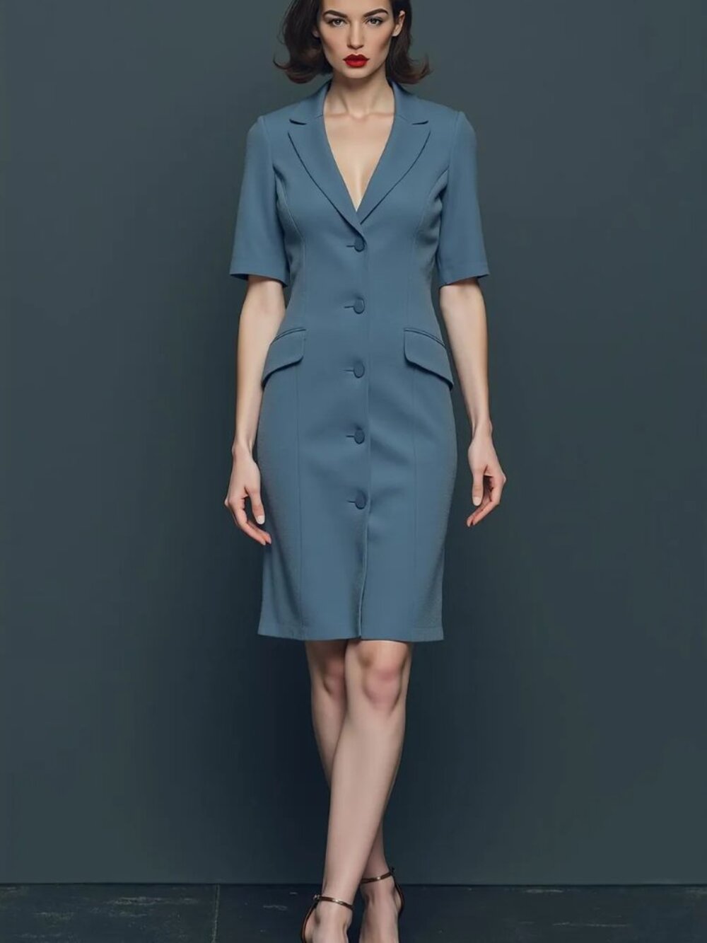 BADGLEY MISCHKA Crepe Blazer Sheath Dress Dusty Blue Notched Lapel Retro glam 8